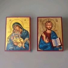 Orthodox Catholic Pair Of Hand Painted Egg Tempera On Wood Icons Jesus Mary ☦️