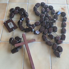 VTG XXL Rosary Catholic Crucifix Cross Wood Beads Pewter Wall/grave Hanging 60"+