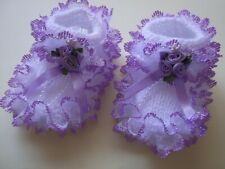 HAND KNITTED BABY SHOES/ BOOTIES ROMANY-WHITE/LILAC- FIT 0-3 MTHS/REBORN DOL -A5