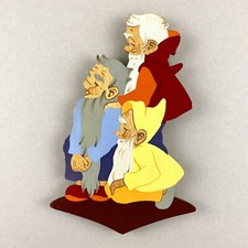1950s Fairytale Wooden Picture by Mertens Art: Dwarven Group with Yellow Hoodie 18cm