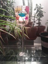 Pansies Stemmed Stained Glass Candle Holder on Tall Glass Stem