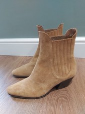 New ZARA Brown Tan SUEDE LEATHER Ankle CUBAN HEEL Cowboy BOOTS 5 38 Country Line