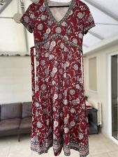 EAST ANOKHI CLARET RED FLORAL BLOCK PRINT COTTON GAUZE BOHO MIDAXI DRESS Sml/8