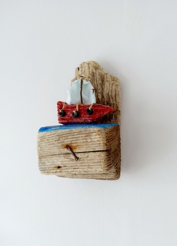 Driftwood ship sculpture wall - sculpture,