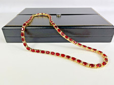 YELLOW GOLD FINISH Oval Cut Red Ruby and Round Cut Created Diamond Necklace