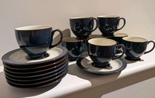 Set of 8 Denby Tea Cups with Saucers in Boston Blue - English stoneware set 