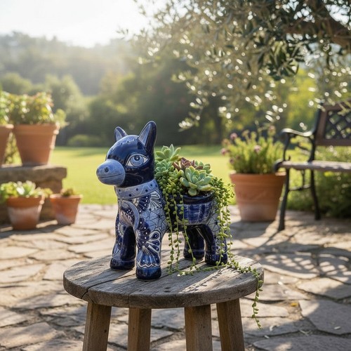 Blue talavera donkey planter - donkey,