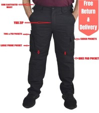 Mens Cargo Work Trousers Knee Pad Pockets Black Heavy Duty Safety Combat Pants 