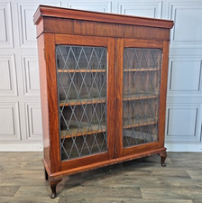 Antique Glazed Library Bookcase Shelves Display Cabinet - Mahogany Leaded Glass