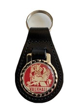 BLACK  LEATHER KEYRING/ FOB DEPICTING VAUXHALL VINTAGE /WORN CAR BRAND RED