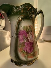 intage Floral Jug Vase | Cottagecore Green Porcelain Pitcher