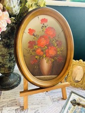 Vintage Victorian Style Wood Effect Oval Framed Red rose Oil Painting
