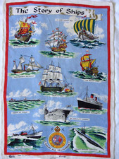 Vintage STORY OF SHIPS Linen TEA TOWEL Seafarers Charity Poster Nautical Sea