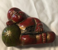 Vintage Red Figure Hand Carved Sleeping Boy Buddha On Melon Wealth Good Luck