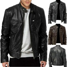 UK Men Vintage Cafe Racer Brown Black Leather Casual Slim Fit Real Biker Jacket