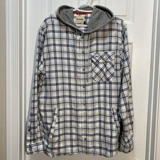 Simms Men’s Hooded Flannel Shirt Jacket L Plaid Organic Cotton Blend Button Up