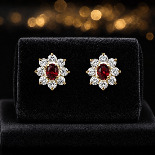 Garnet cluster earrings - garnet, 9ct