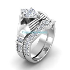 Heart Shape 2.75Ct Diamond 14K White Gold Claddagh Ring Set Simulated in Size 8