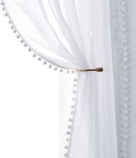 Pom-Pom Sheer White Curtains for Living Room 72" Drop Breathable & Light Filteri