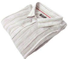 Jeff Banks Shirt Men's UK Size XL Pink Stripe Long Sleeve 100% Linen Easy Care