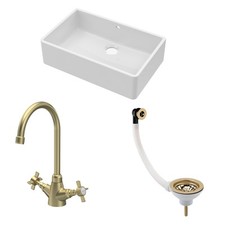 Fireclay 1 Bowl Butler Sink Overflow Waste Tap Brushed Brass 795mm