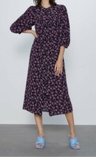 Women's New Zara Pink Floral Printed Midi Shirt Dress With Puff Sleeve Size L