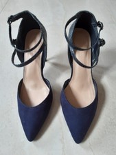 Ladies M&S wide fit Navy Blue ankle Strap heeled shoes Size 7.5