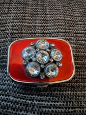Enamel Pill Box Rhinestone Two Compartments Push Button Silver Metal