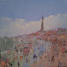 Blackpool Edwardian Beach Oil Canvas Painting ROBERT E LEACH 8" X 8"