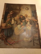 Victorian Chromolithograph Family Worship Signed Pears  Vintage Print