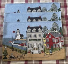 Set Of 3 Place Mats "Sea Hotel" Folk Art Style Tapestry Style. FRAMABLE!