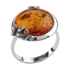 BUTTERFLIES HONEY BALTIC AMBER STERLING SILVER RING LARGE ROUND AMBER STONE
