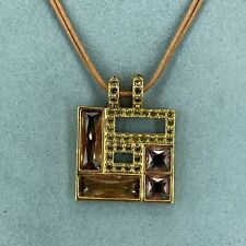 Swarovski necklace crystal square pendant gold tone brown cord chain 17''