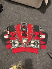 Women’s Cardigan Bomber Cropped V Front Red Black White Ethnic Wool