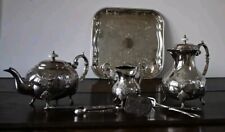 Antique John Turton Sheffield Silver plate tea Set Hand chased Tray Tongs ExCond