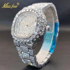 Hip Hop Luxury Ice out Men's Watch Iced Custom Bling Simulated Diamond Silver