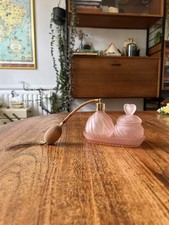 Vintage FROSTED PINK GLASS HEART SHAPED DRESSING TABLE TRAY SET