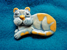 Silly Ceramic Cat Brooch Looks A Bit Sad? Grey & Gold Tabby C1960's Handcrafted