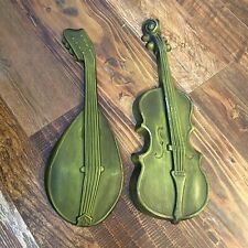 Vintage 60s Royal Cast Metal Green Bass Guitar and Mandolin Wall Hangings Art
