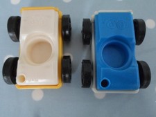 THREE VINTAGE FISHER PRICE LITTLE PEOPLE CARS AND ONE PERSON