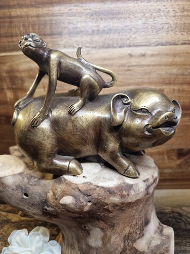 Vintage bronze pig and monkey - vintage,