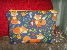 NEW HAND MADE  22cm x 16cm  ZIP  PURSE  FOX  PRINT  LINED BLUE  ORANGE