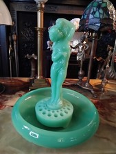 Art Deco Jobling Uranium Moonstone Jade Glass Float Bowl,  Nude Woman And Frog 