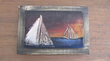 South African Naive Folk Art Sailboat Oil Painting on Wood Block signed Celeste