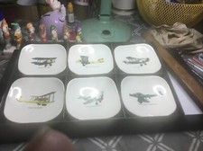 6 Sandland Ware Crackled Glazed Small Plates With W.W.1 Biplanes In Box 1950-60s