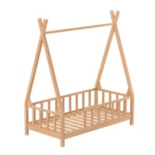 Slatted Solid Pine Wood Kids Bed Frame Single with Safety Side Rail 147×77×168cm