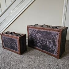 Set of Two Vintage-Style Wooden and Leather Treasure Chest Suitcases