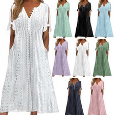 Ladies V Neck Long Dresses Women Summer Holiday Hawaiian Short Sleeve Sundress