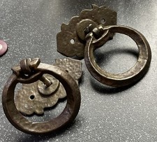 Vtg 2 Retro Black Iron Steel Gothic Drawer Cabinet Door Knob Pull Ring Handle A