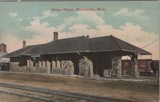 Union Depot Wyandotte Michigan MI Railroad Station Train Tracks Postcard